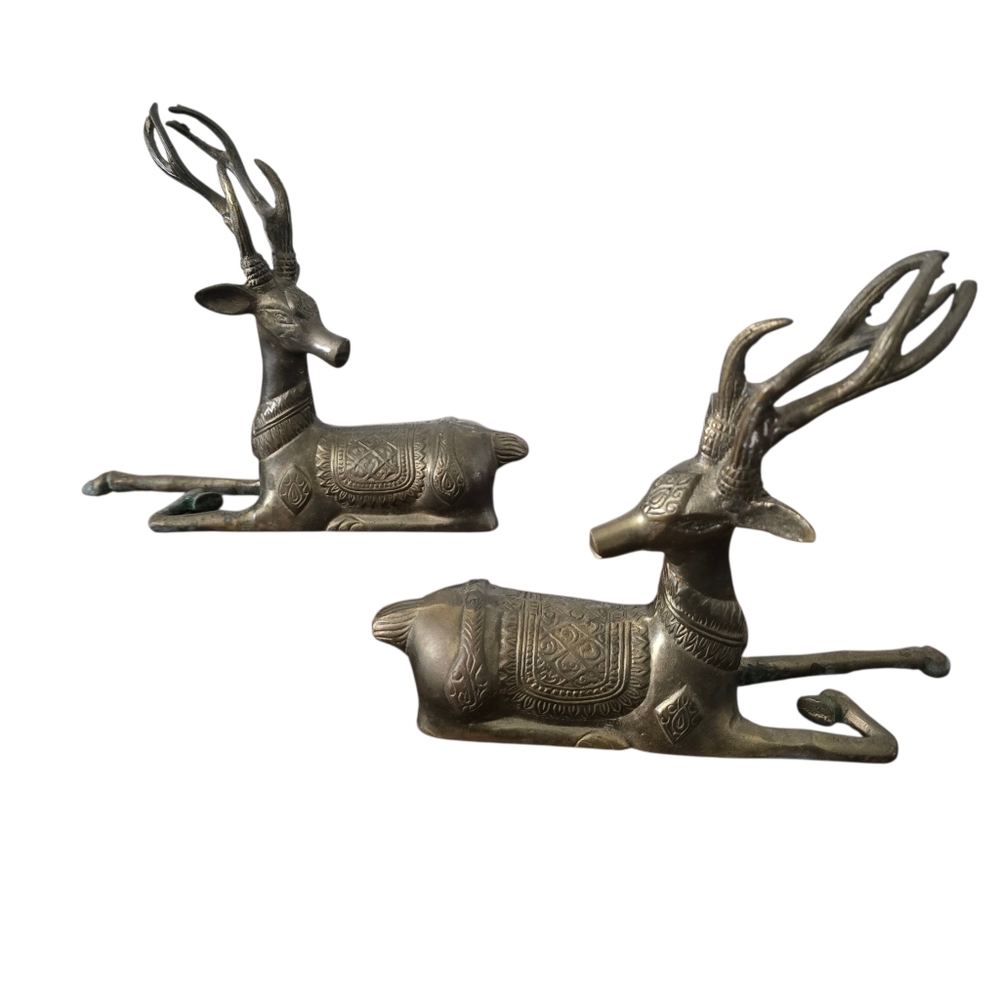 Sarreid‎ Style Brass Deer Stag Figurines Reclining Ornate Hollywood Regency MCM